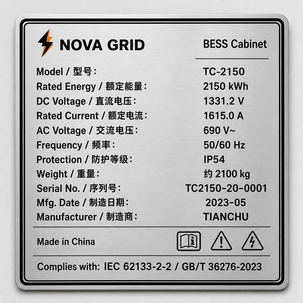 NOVA GRID 储能柜铭牌示例（1:1 演示）