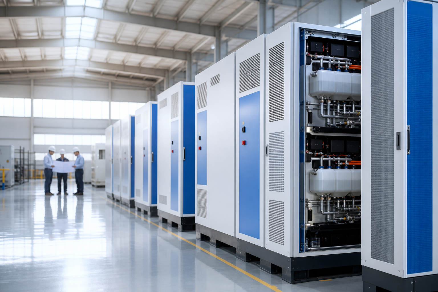 Multi-cabinet liquid-cooled BESS in a factory hall