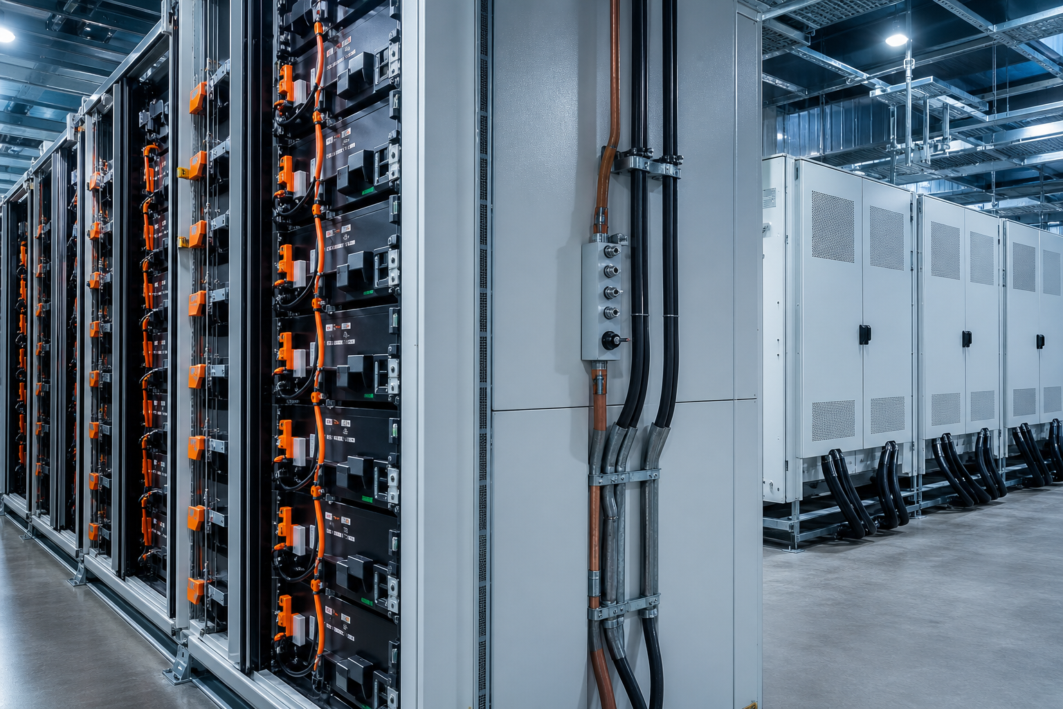 Battery–PCS interface wall in a BESS factory bay
