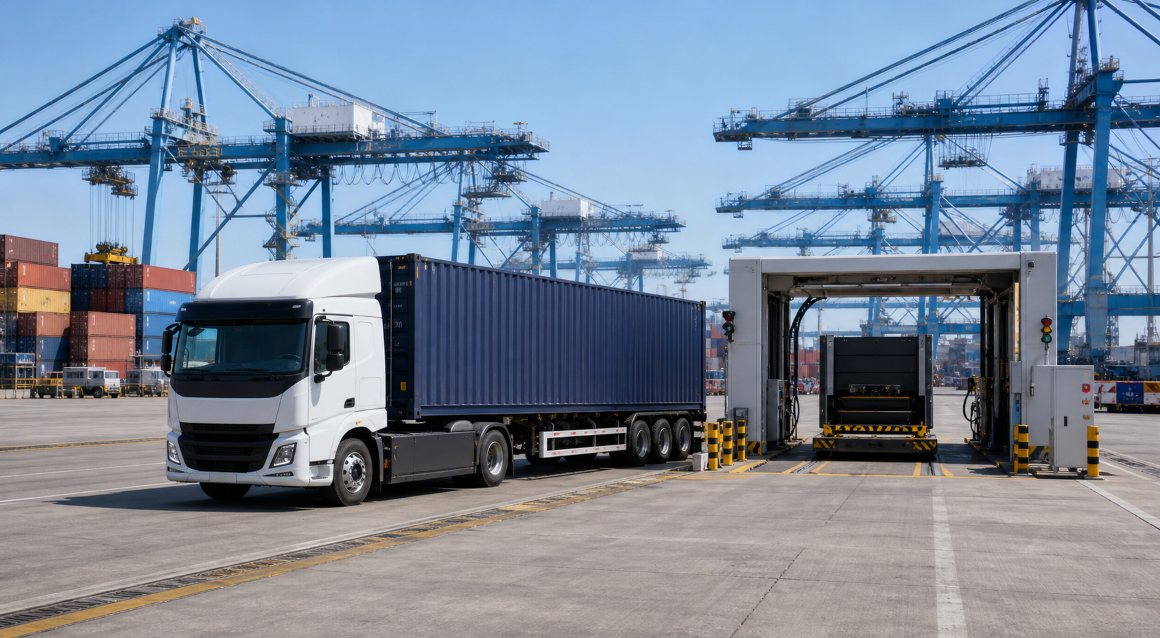 Port container transport vehicles operating at power exchange stations