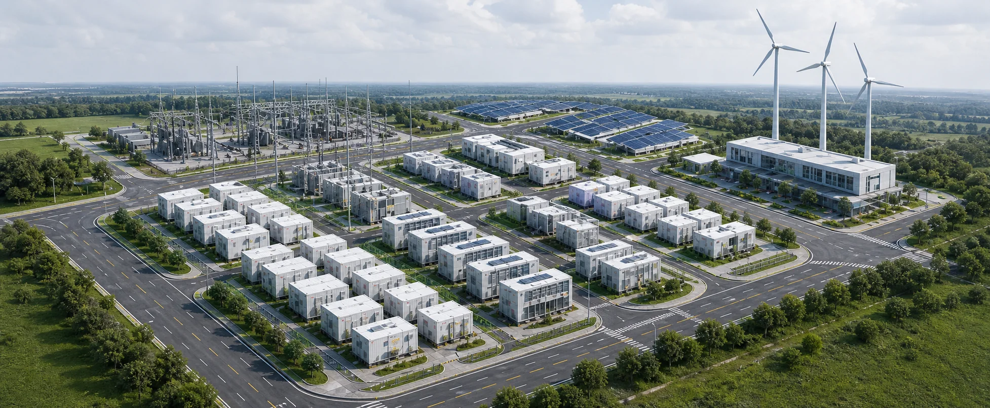 Microgrid site with storage containers, substation, PV array, and wind turbines