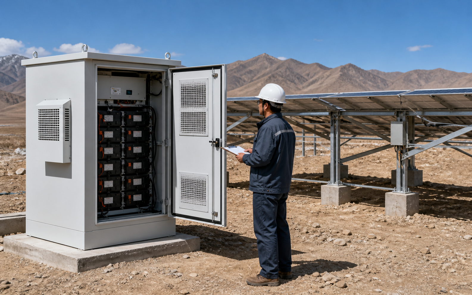 Engineers check the anti-corruption and dust structure of off-grid energy cabinets.