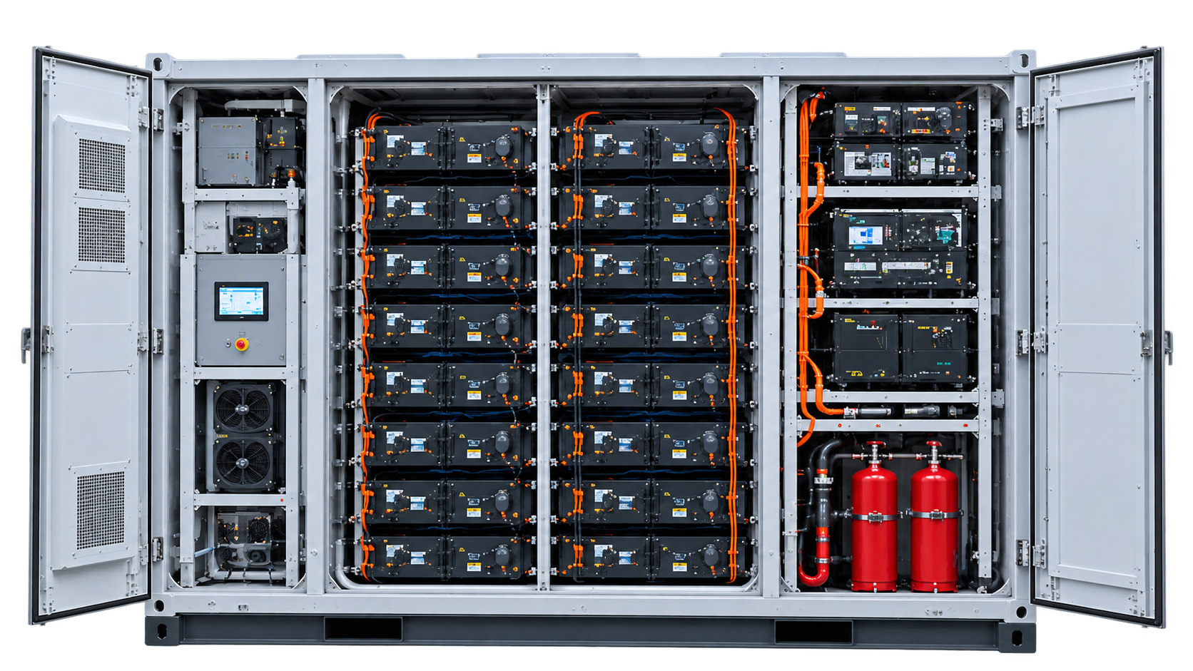 Open BESS system with battery racks, control cabinet and fire suppression system