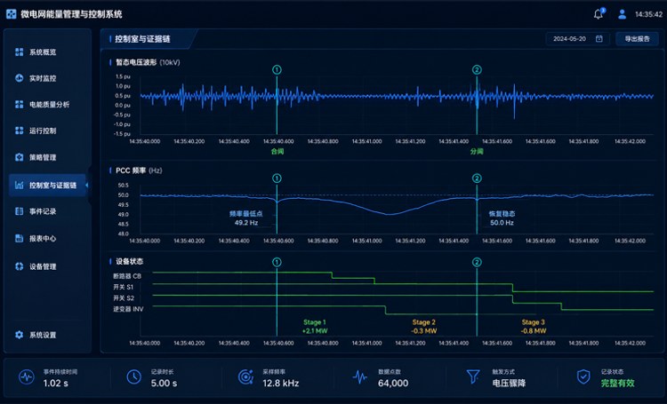 非计划孤岛事件的电压、频率与储能功率记录